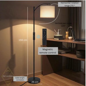 May include: A black floor lamp with a beige lampshade. The lamp is 159 cm tall with a 25 cm base and includes a magnetic remote control. The cable is 1.8 meters long. The lampshade has a horizontal rotation range of 270&deg; and a vertical pan range of 120&deg;.