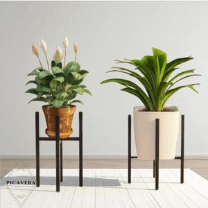 May include: Two indoor plant stands with plants. One stand holds a gold-coloured pot with a green plant and white flowers. The other stand holds a white pot with a green plant. Both stands are black and have a minimalist design.