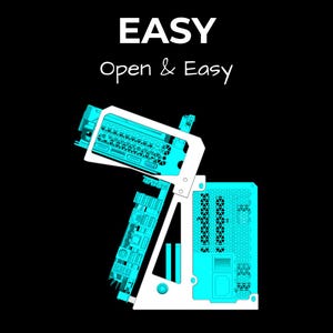 May include: A cyan and white computer case frame with an open design, featuring the text EASY and Open & Easy at the top. The structure displays internal mounting points and a geometric ventilation pattern on a solid black background.