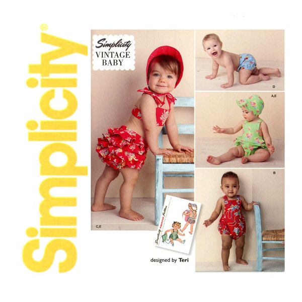 1940s Toddlers Sunsuit Pattern Simplicity 1600 Reissue Baby Romper Ruffled Panties Bikini Bathing Bonnet Childrens Vintage Sewing Patterns