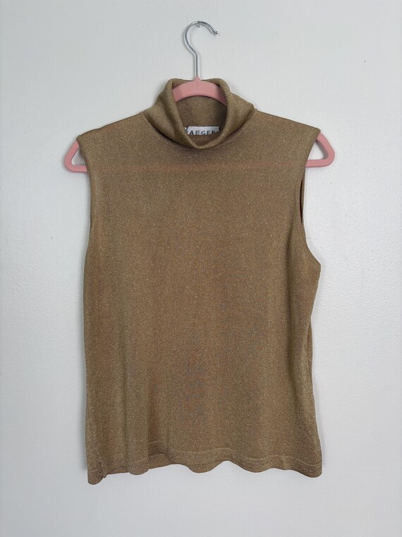 Jaeger, 80s Vintage Jaeger Sleeveless Turtleneck Top in Gold Metallic fabric - size L
