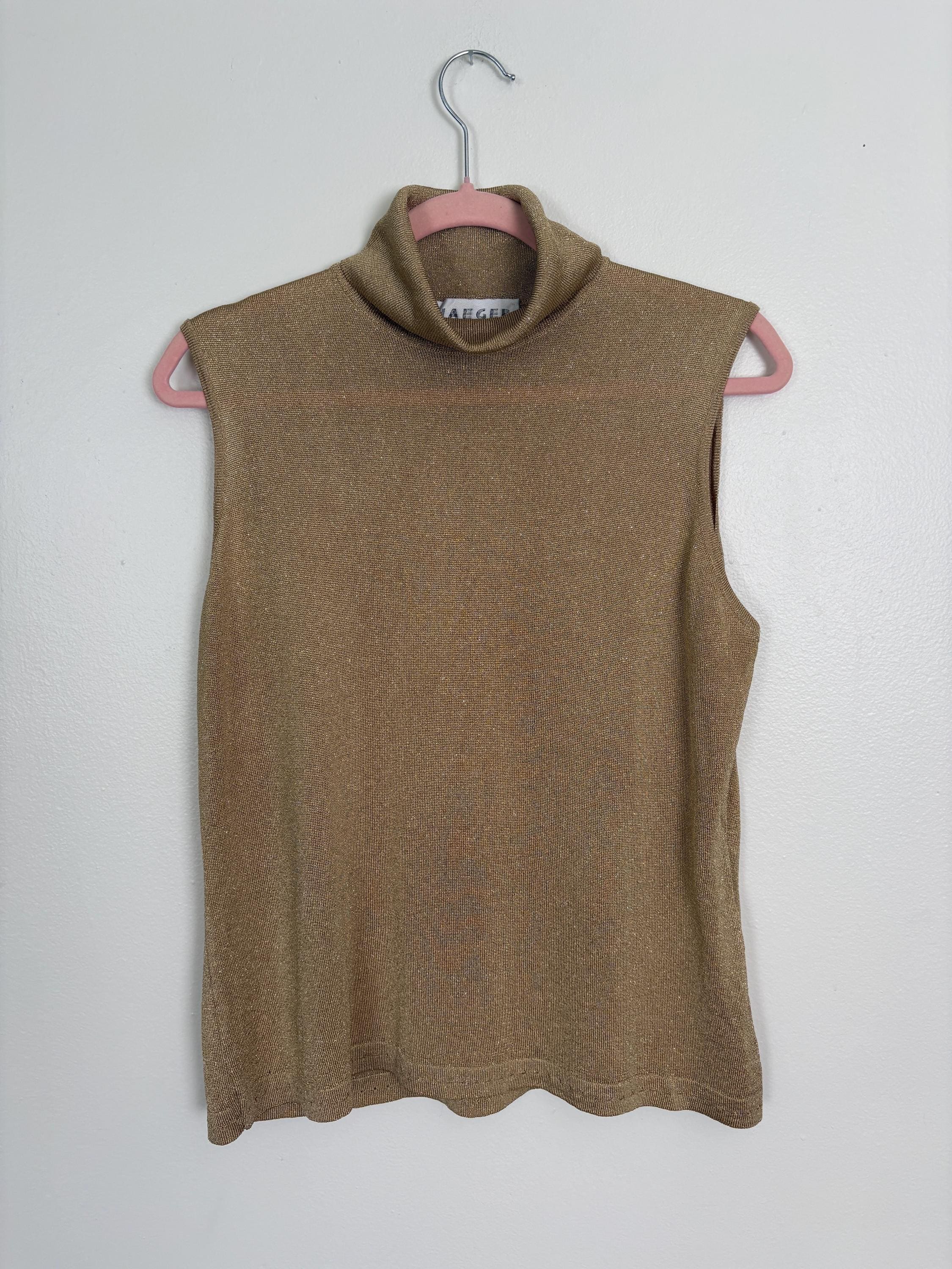 Jaeger, 80s Vintage Jaeger Sleeveless Turtleneck Top in Gold Metallic fabric - size L