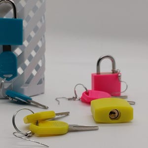 May include: An assortment of small padlocks and keys in various colors. The locks are teal, pink, and yellow, with matching keys. One teal lock is attached to a white, geometric-patterned container. The keys have silver keyrings.