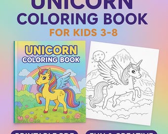 Puede incluir: Un libro para colorear de unicornios para niños de 3 a 8 años, con un arcoíris y un unicornio amarillo en la portada. La imagen también incluye un dibujo de unicornio en blanco y negro y los textos "PRINTABLE PDF" y "FUN & CREATIVE".