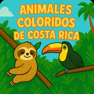 May include: A vibrant illustration of a sloth and a toucan on branches, set against green foliage and a blue sky. The text "ANIMALES COLORIDOS DE COSTA RICA" is displayed in orange. The image evokes a tropical theme.