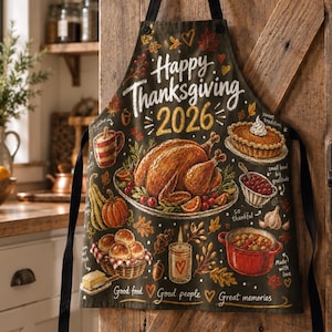 May include: A black apron featuring a Thanksgiving theme with a roasted turkey, pumpkin pie, bread rolls, and a candle. The text reads Happy Thanksgiving 2026, Good food, Good people, Great memories, sweet tradition, small bowl big gratitude, so thankful, and Made with love.