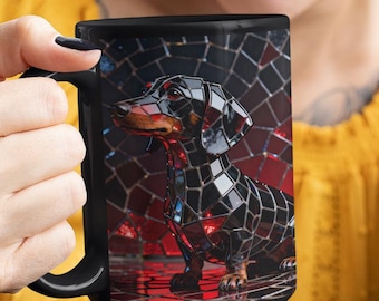 Stained Glass Dachshund Mug, Doxie Lover Gift, 15oz Black Coffee Mug, Holiday Gifts