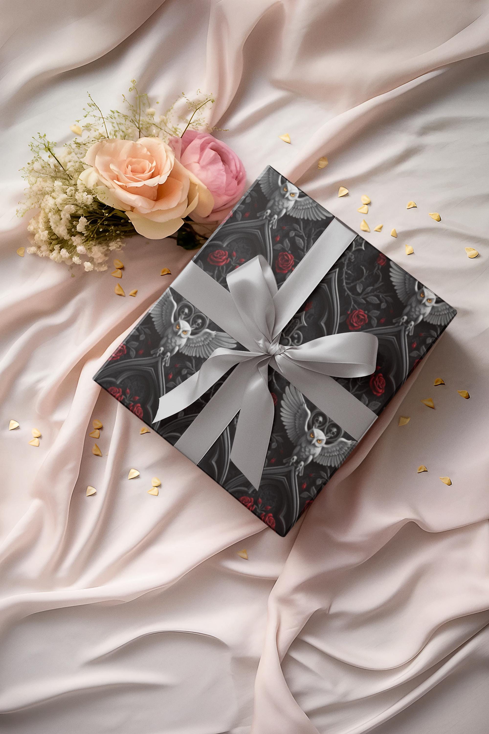 Gothic Owl and Red Rose Wrapping Paper | Dark Victorian Gift Wrap