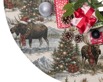 Falda rústica para árbol de Navidad con diseño de alce / Decoración navideña de cabaña invernal con motivos de mamíferos de Alaska