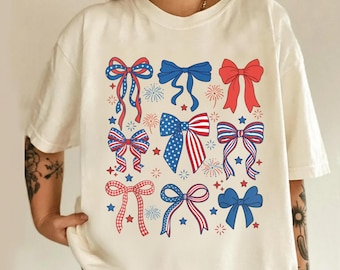 Patriotic Bows Shirt Comfort Colors, 4th of July Shirt Women, USA Bow Tee, American Flag Shirt, Gift for Her, Cute July 4th Outfit