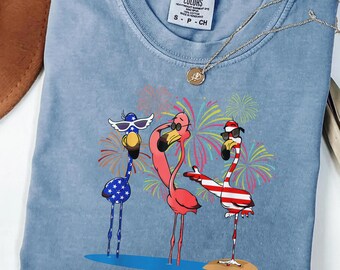 Flamingo 4th of July Shirt, Patriotic Flamingo Tee, Funny USA Fireworks Shirt, Comfort Colors Shirt, Gift for Her, Summer Graphic Tee