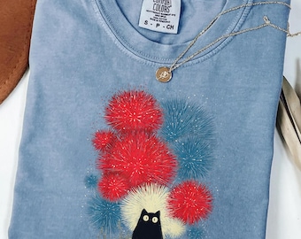 Black Cat Fireworks Shirt Comfort Colors Tee, Patriotic Cat Shirt for Her, 4th of July Shirt Women, Cute USA Graphic Tee Gift for Her