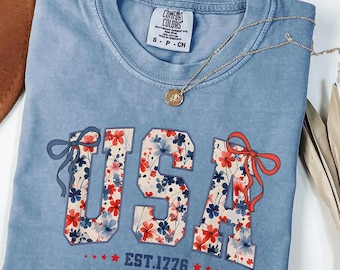 Floral USA Bow Shirt Comfort Colors Tee, Patriotic Shirt for Her, 4th of July Shirt Women, Vintage USA Graphic Tee, Gift for Her