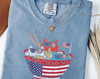 Funny Cat Ramen USA Shirt Comfort Colors Tee, Patriotic Shirt for Her, 4th of July Cat Shirt Women, Cute America Graphic Tee Gift for Her