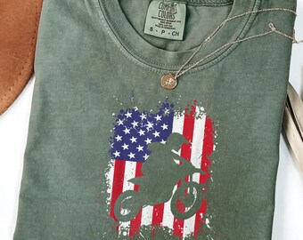 Patriotic Dirt Bike Shirt Women, 4th of July Motocross Tee, American Flag Rider Shirt, Comfort Colors Shirt, Gift for Her