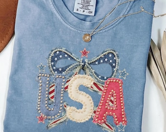 Patriotic Bow Shirt for Her, USA Comfort Colors Shirt, 4th of July Shirt Women, American Flag Tee, Gift for Her, Coquette Style Tee