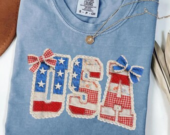 Patriotic USA Bow Shirt, Comfort Colors Shirt for Her, 4th of July Shirt Women, American Flag Tee, Cute Independence Day Gift