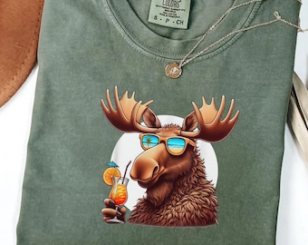 Funny Moose Vacation T-Shirt, Comfort Colors Shirt for Her, Moose Lover Gift for Her, Summer Animal Graphic Tee, Cute Wildlife Beach Shirt