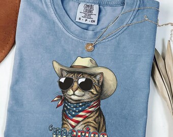 Patriotic Cat Shirt Women, America Cat Tee, Cowboy Cat Shirt, 4th of July Shirt, Comfort Colors Shirt, Gift for Her Cat Lover