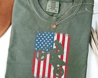 Patriotic Dirt Bike Shirt, 4th of July Motocross Tee, American Flag Rider Shirt, Comfort Colors Shirt, Gift for Her Biker Tee