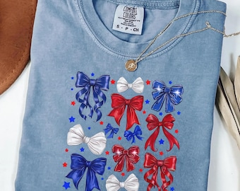 Patriotic Bow Shirt Women, 4th of July Shirt, USA Bows Tee, Comfort Colors Shirt, Gift for Her, Cute American Flag Shirt