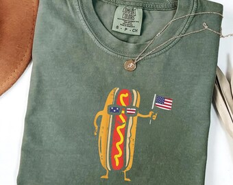 Funny Hot Dog 4th of July Shirt Comfort Colors, Patriotic Food Tee, USA BBQ Shirt, American Flag Outfit, Gift for Her