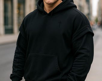 Felpa con cappuccio patriottica cristiana nera su nera da uomo con logo della Repubblica Redenta