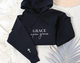 Felpa con cappuccio cristiana ricamata: Pullover Grace Upon Grace