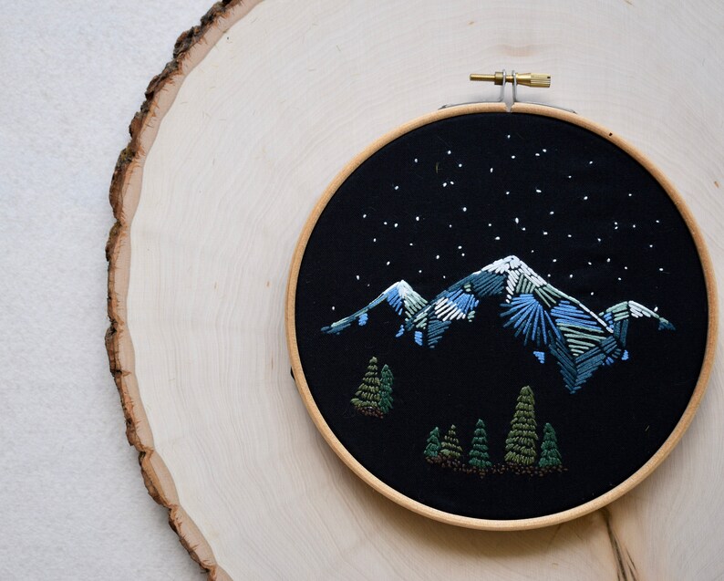 NEW Mountain Range Hand Embroidery Pattern PDF Instant Download Printable Mountains Forest Night Sky