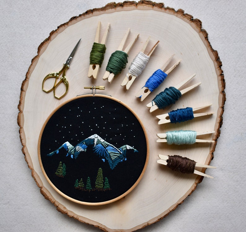 NEW Mountain Range Hand Embroidery Pattern PDF Instant Download Printable Mountains Forest Night Sky