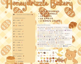 Szablon serwera Discord Honeydrizzle Bakery | Gotowe role, kanały i emotikony + 3 loga