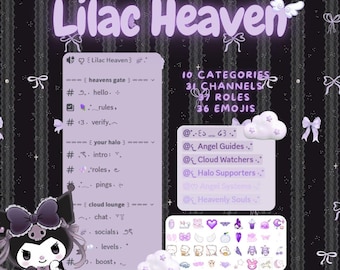 Szablon serwera Discord Lilac Heaven | Fioletowy Dreamcore Angel Estetyczny z rolami, kanałami i emotikonami