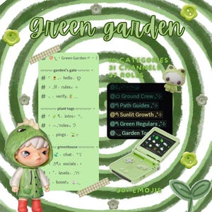 Modelo de servidor Discord Jardim Verde | Servidor aconchegante com temática da natureza, com funções, canais e emojis. imagem 1