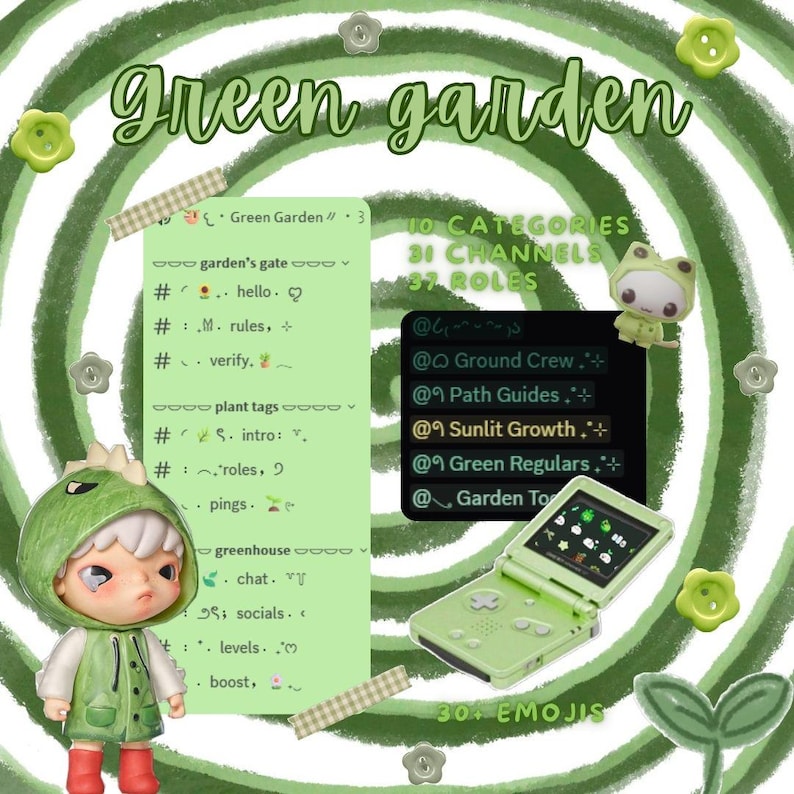 Modelo de servidor Discord Jardim Verde | Servidor aconchegante com temática da natureza, com funções, canais e emojis. imagem 1