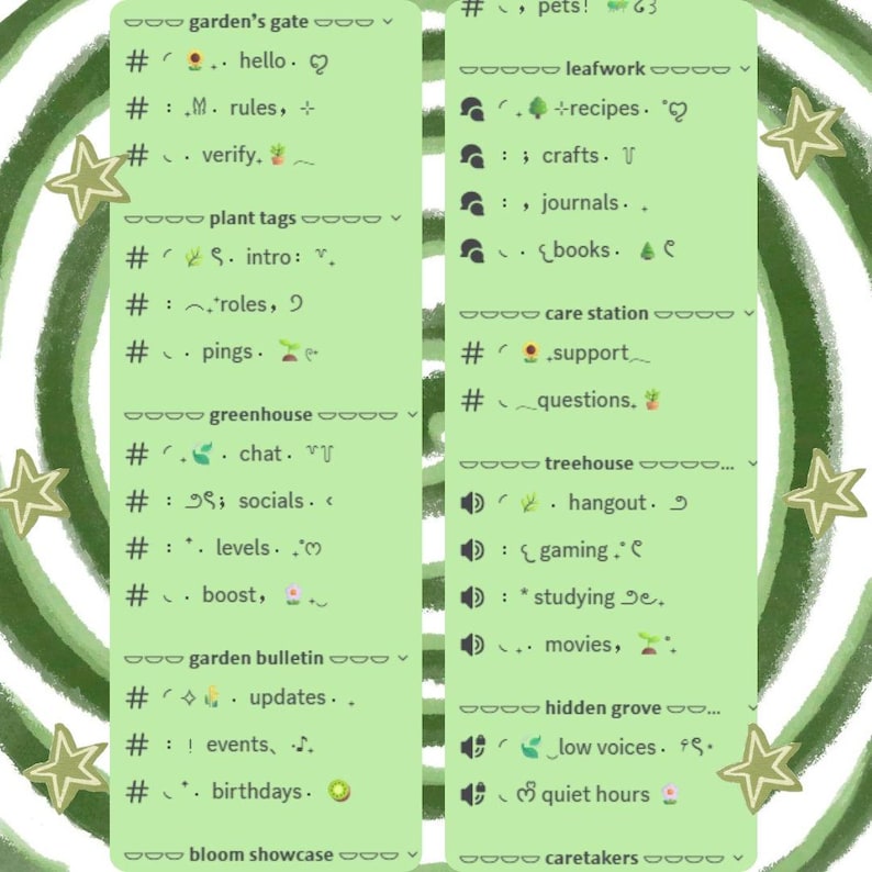 Modelo de servidor Discord Jardim Verde | Servidor aconchegante com temática da natureza, com funções, canais e emojis. imagem 2