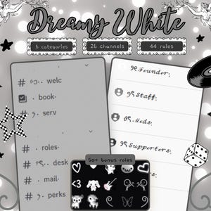 May include: A digital server layout template titled Dreamy White, featuring two vertical panels with channel and role lists. The design includes decorative angel figures, stars, a vinyl record, a die, and a small box with 50+ bonus roles.