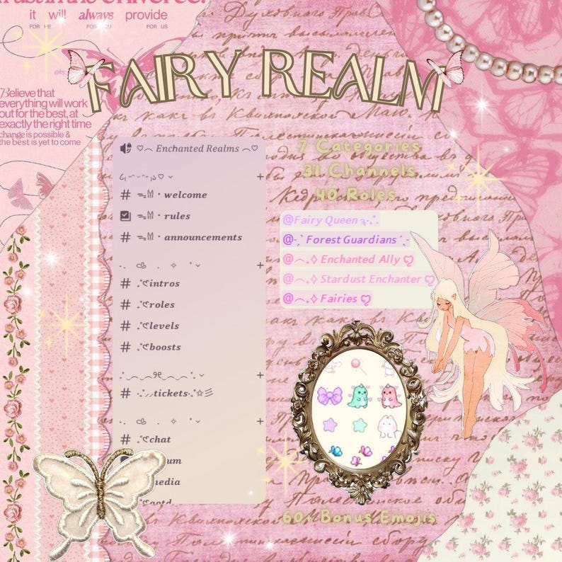 May include: A pink and cream-colored digital art piece with the words "Fairy Realm" in a decorative font. The image includes butterflies, a fairy illustration, and text elements, creating a whimsical theme.