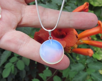 Very Beautiful Opalite Necklace, Full Moon, 925 Silver Overlay Chain, Moonstone Opal