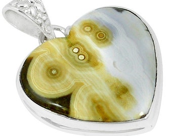 Sale, Very Beautiful Ocean Jasper Heart Necklace with Organza Cord or Chain, 925 Silver, One of a Kind