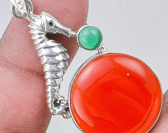 Sale, Very Beautiful Carnelian and Green Onyx Necklace, 925 Silver with Cord or 925 Silver Chain, Seahorse