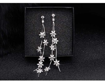 Very Beautiful Long Rhinestone Flower Earrings,  925 925 Silver, posts, studs
