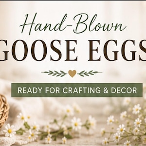 May include: A single white hand-blown goose egg resting in a small woven brown twig nest. The text reads Hand-Blown GOOSE EGGS and READY FOR CRAFTING & DECOR. The scene is decorated with small white flowers and a candle in a glass holder.
