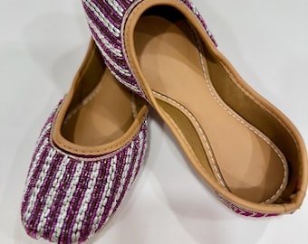 Handmade Embroidered Indian Jutti Shoes: Purple and Silver Stripes