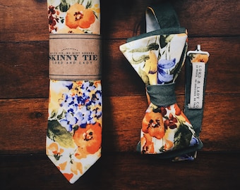 Campbell Skinny Tie | Lord and Lady | Orange Floral Wedding ties, groomsmen gifts for him, groom tie, sustainable fashion, cotton ties