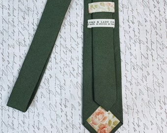 Skinny Tie || Olive Linen || Lord and Lady|| Wedding ties,  groomsmen gifts for him, groom tie, sustainable fashion, cotton ties