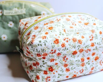 Aurelia Quilted Makeup Pouch | Travel Cosmetic Bag with Gold Zippers | Handmade Quilted Organizer