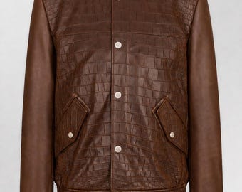 Chaqueta bomber de cuero marrón con relieve de cocodrilo para hombre, abrigo universitario de cuero de cabra italiano.