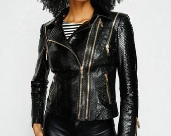 Handmade Italian Python Texture Leather Biker Jacket - Custom Fit