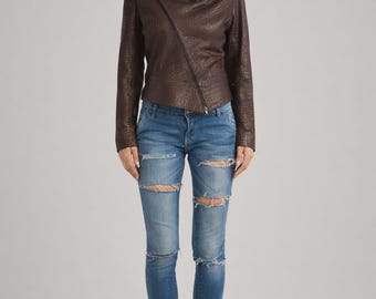 Women Crocodile Embossed Brown Leather Biker Jacket – Italian Handmade Asymmetrical Moto Jacket