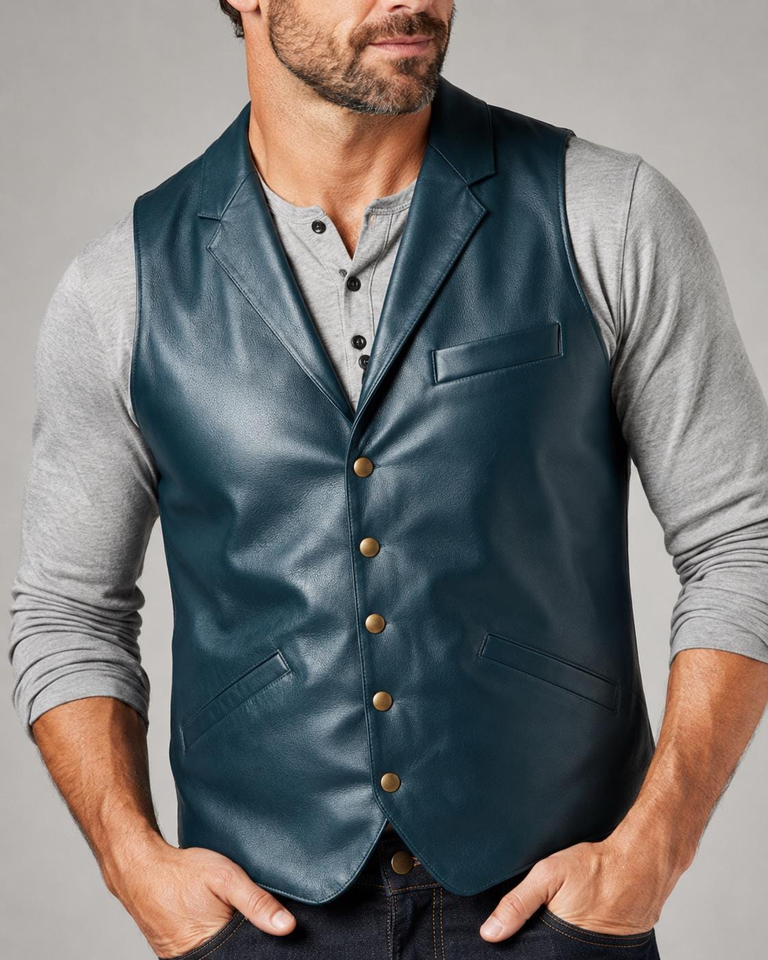 Men's Blue Italian Leather Vest, Handmade Button Front Waistcoat, Vintage Casual Style